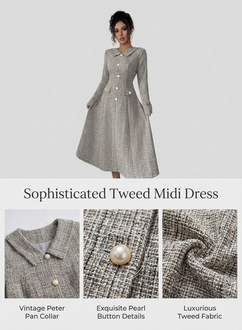 MS MIN Elegant Lapel Long-Sleeve Midi Dress, Tweed Fabric Waist-Cinching Modest Dress for Daily & Office - Image 3